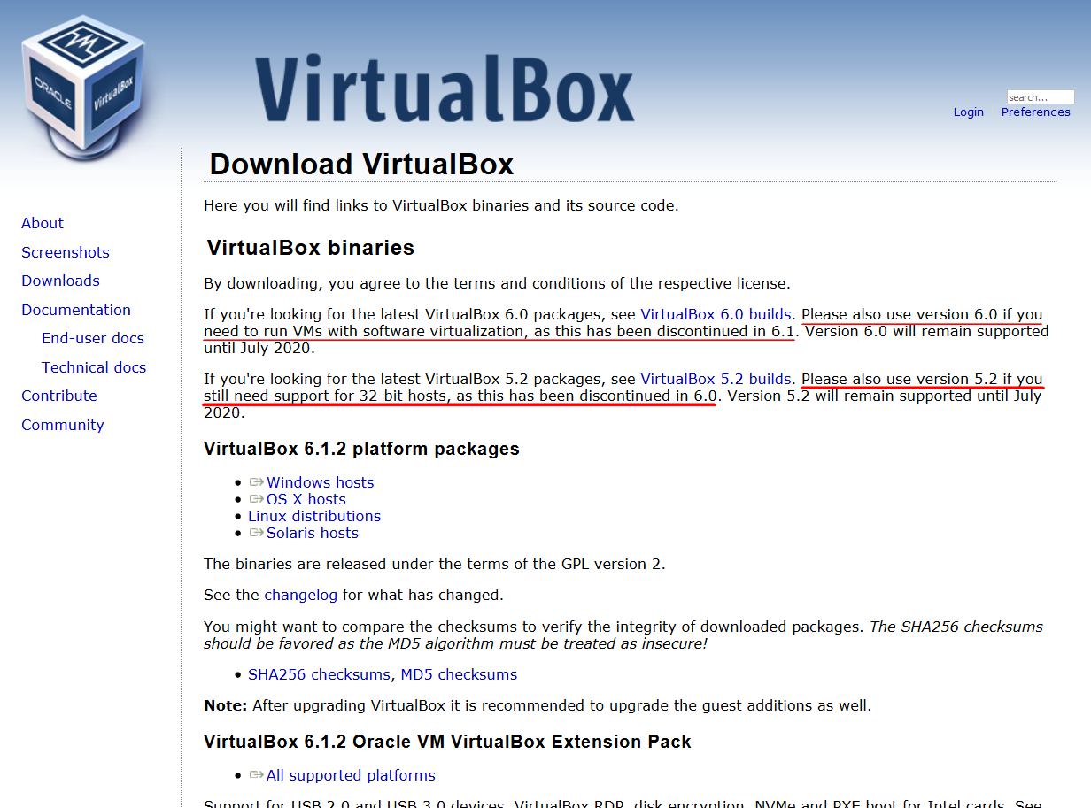 Страница скачивания в VirtualBox
